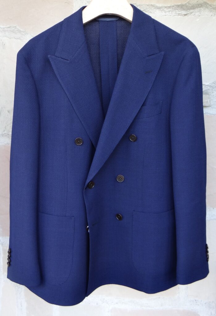 THE SUIT COMPANY／UNIVERSAL LANGUAGE CANONICO／LYCRAブレンドウールストレッチ メッシュダブルブレストジャケット ネイビー