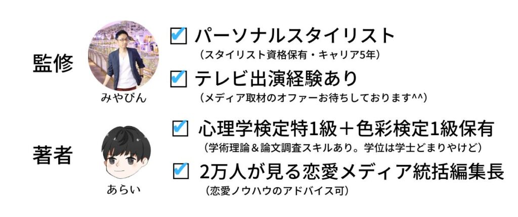 私たちのプロフィール。監修者のみやびんはパーソナルスタイリスト（スタイリスト資格保有・キャリア5年）、テレビ出演経験あり（メディア取材のオファーお待ちしております^^）、著者のあらいは心理学検定特1級＋色彩検定1級保有（学術理論＆論文調査スキルあり）、1万人が見る恋愛メディア統括編集長（恋愛ノウハウのアドバイス可）